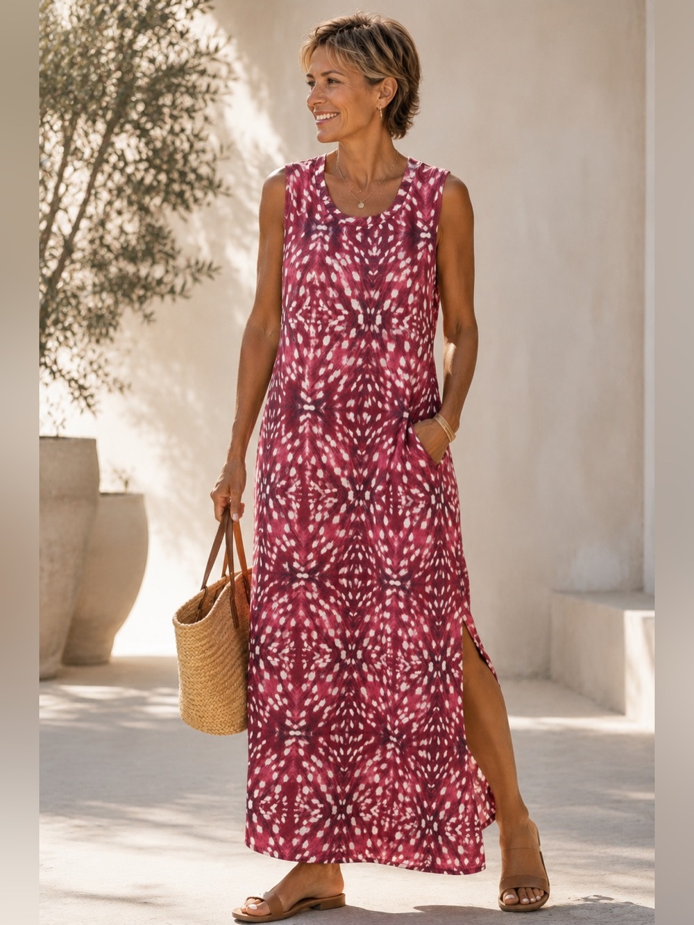 NWT Burgundy Abstract Print Sleeveless Maxi Dress Size M Pockets